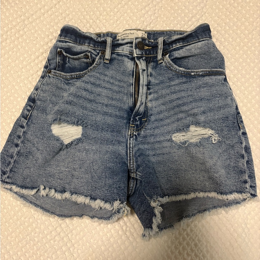 Abercrombie High-Rise Distressed Denim Shorts - Light Blue